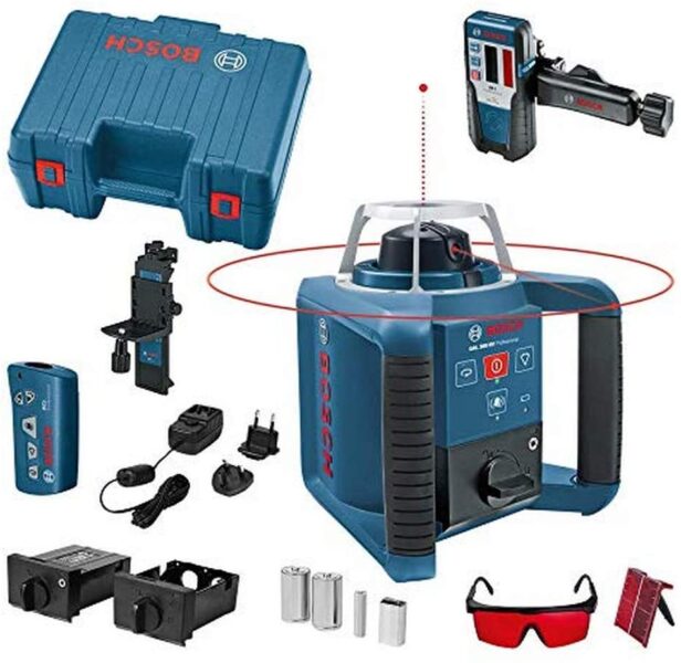 différents accessoires de niveau laser rotatif chantier de la marque bosch